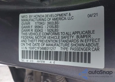 2021 Honda Civic Ex from USA, damaged, VIN 19XFC1F34ME011217